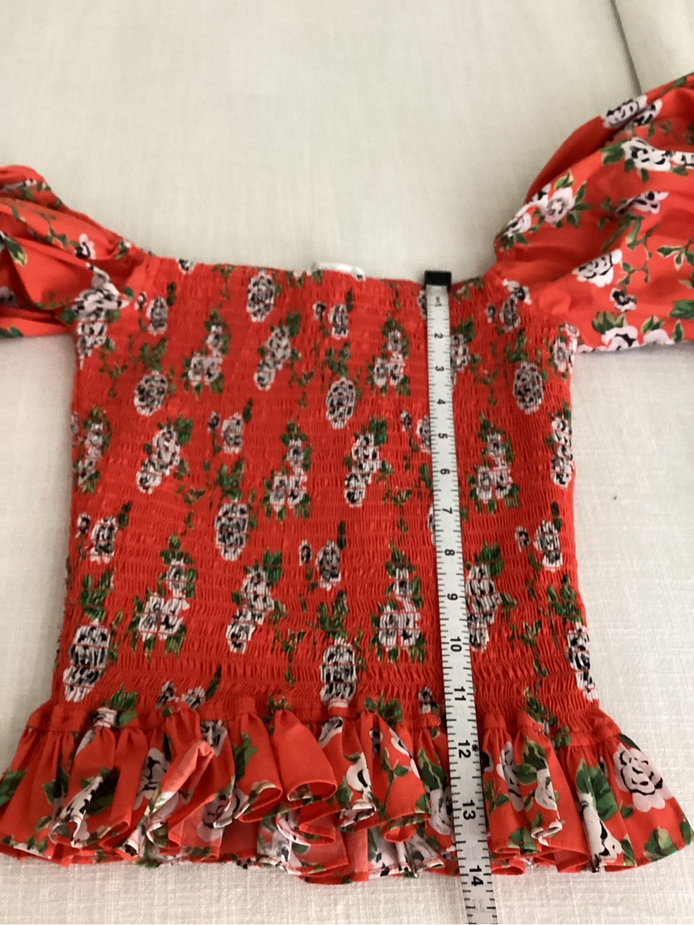 Caroline Constas Floral Print Top Small Smocked Peplum Blouse Red Orange - Picture 13 of 14